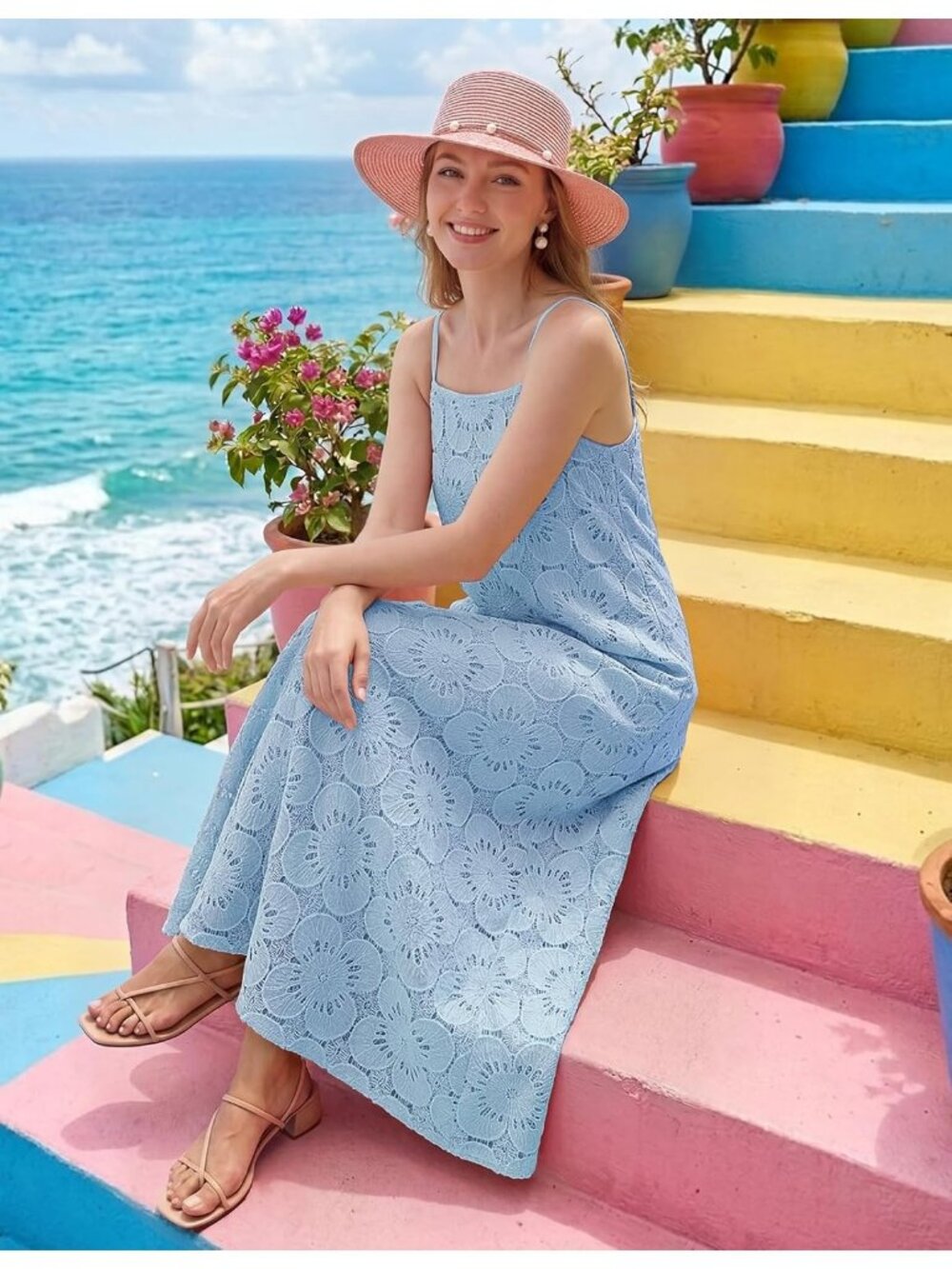 Women's Blue Summer Casual Sleeveless Floral Lace Eyelet Boho Beach Maxi Dress - Picture 5 of 6
